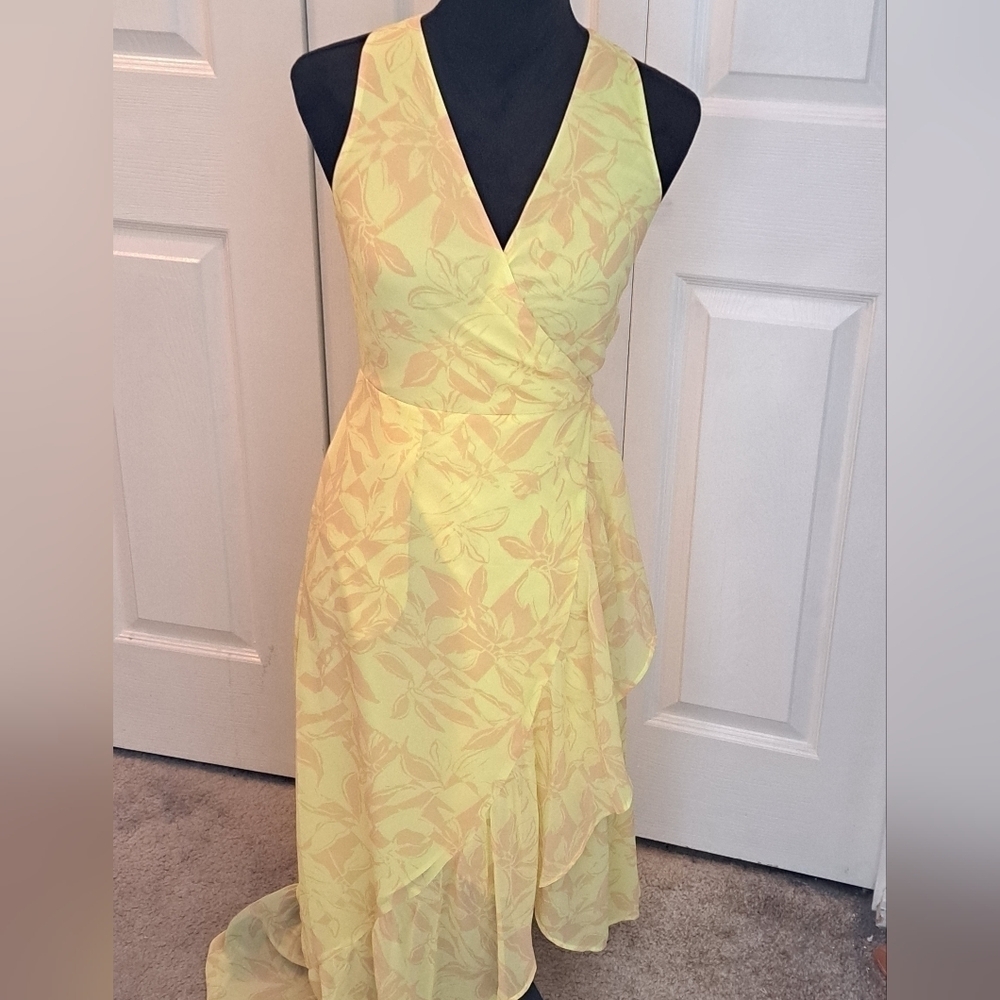 Chelsea.28 Sunburst Yellow Floral Faux Wrap Midi Dress